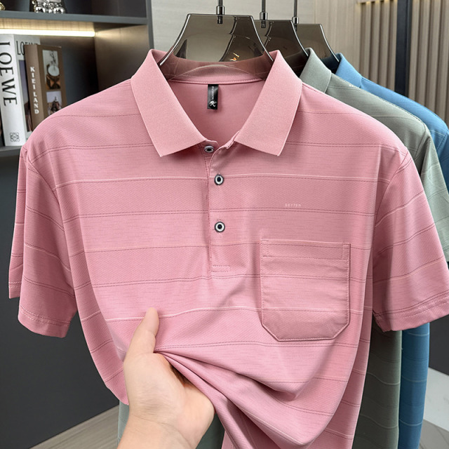 13492425.雄狮爸爸夏装短袖T恤中年男士POLO衫中老年条纹上衣服
