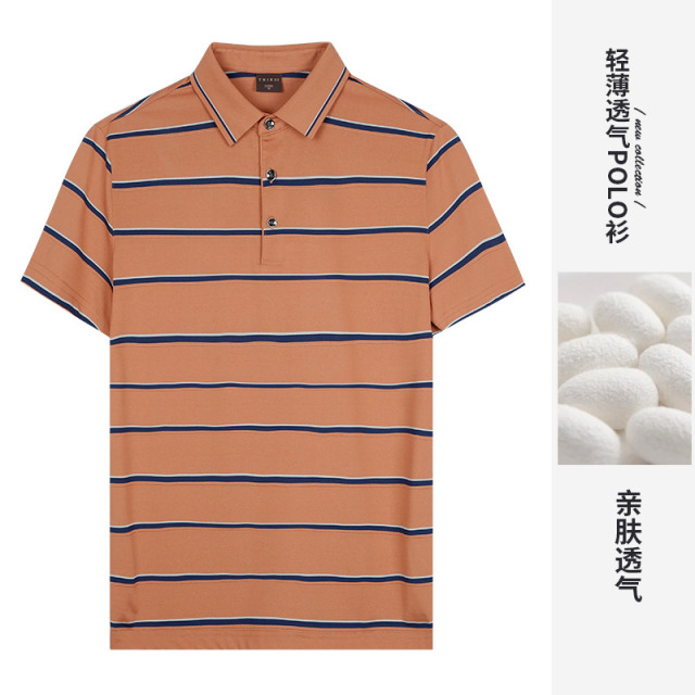 10695027.才子男装桑蚕丝条纹POLO衫男士时尚休闲短袖上衣