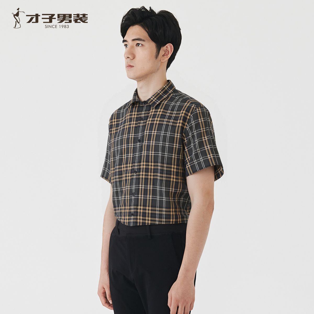 13531031.才子男装时尚格纹26年春夏亲肤透气撞色休闲衬衫 12262E1321