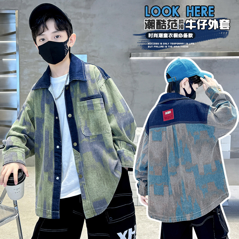 12939504.汤姆牛男童春秋款中大童潮范拼接牛仔外套