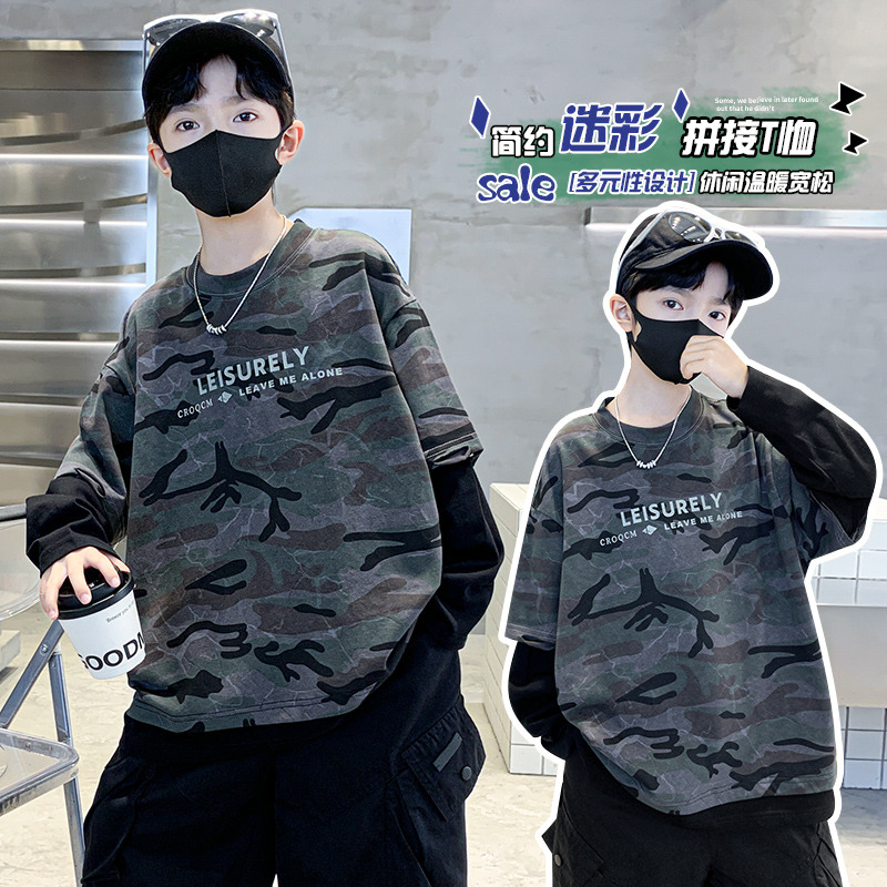 12939753.男童春秋款中大童简约迷彩拼接长袖T恤