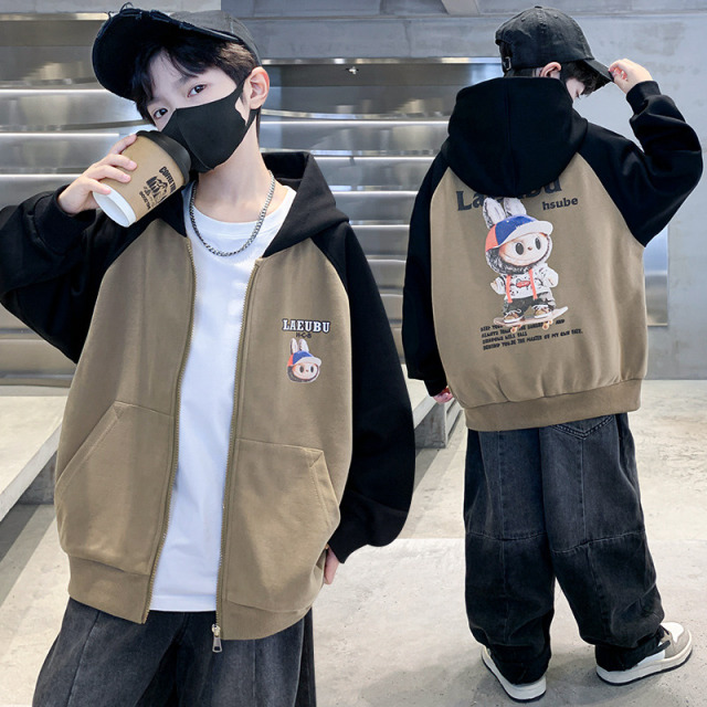 12939673.男童春秋款中大童拉布布印花拼接连帽棒球服外套