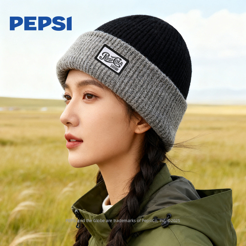 12940546.Pepsi百事时尚个性大头围双层针织冷帽加厚保暖护耳羊毛绒绒帽