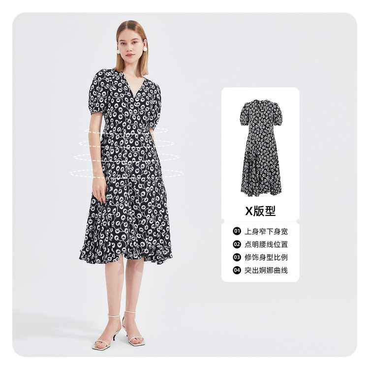 8034708.玖姿夏季轻盈雪纺印花系带V领度假风连衣裙