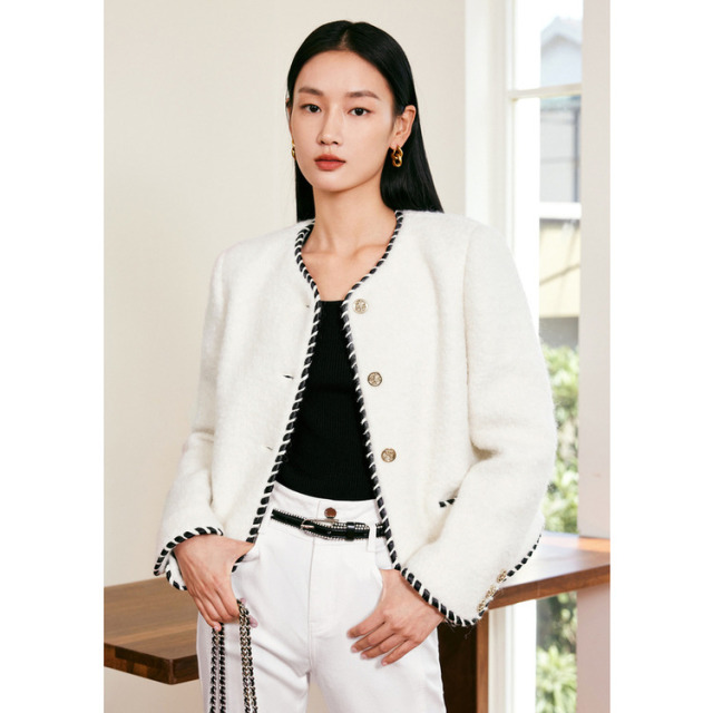 13159379.JZ玖姿法式小香风精纺羊毛短款外套女装春季新款洋气上衣白色