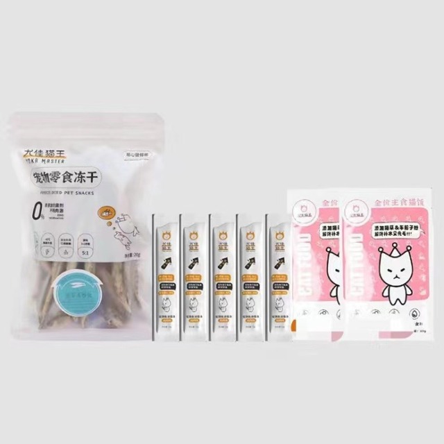 10415077.【多春鱼20g+鸡肉鱼油猫条12g*5+鸡肉猫饭80g*2】尤佳猫王宠物冻干零食冻干