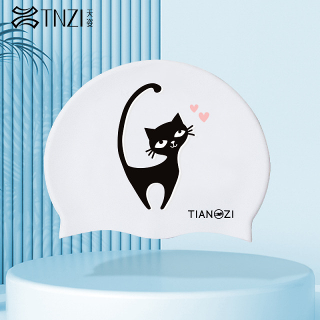 10954326.TNZI天姿女士新款专业不勒头防水加大护耳小猫印花硅胶游泳帽