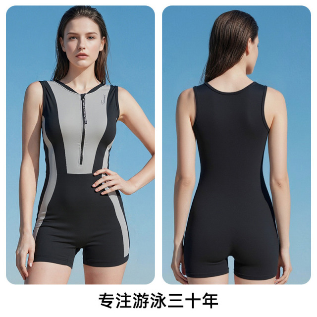 13686193.TNZI天姿无袖连体女收腰显瘦拉链高弹莱卡抗氯游泳馆专用平角泳衣