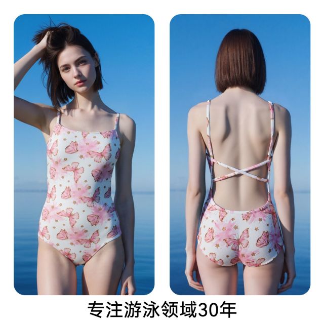 13699847.TNZI天姿三角竞速游泳馆甜辣风蝴蝶印花连体泳衣女吊带修身抗菌高弹