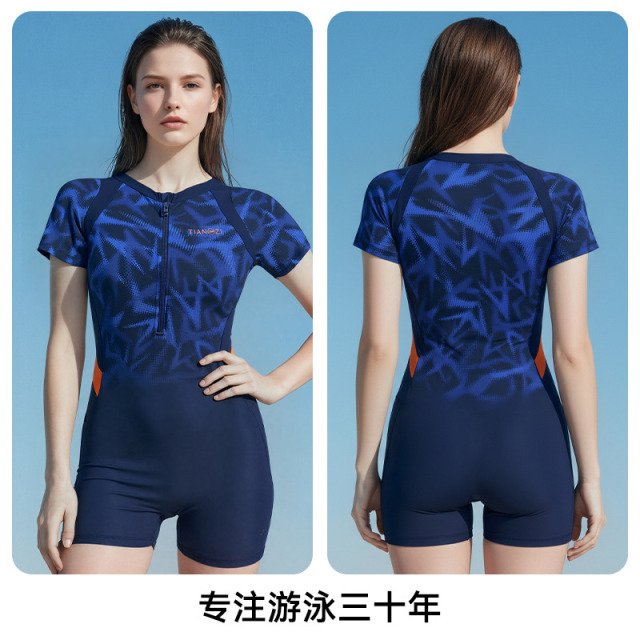 13696544.TNZI天姿新款女士连体平角显瘦遮肉莱卡抗氯拉链式短袖印花泳衣