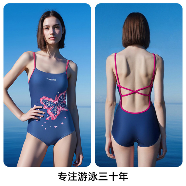13699816.天姿蝴蝶印花三角连体泳衣女高弹莱卡抗氯竞速运动游馆泳衣
