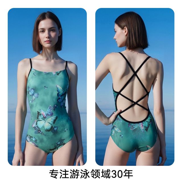 13698065.TNZI天姿蝴蝶印花三角连体泳衣女专业竞速闪光海边游泳馆高弹修身新款