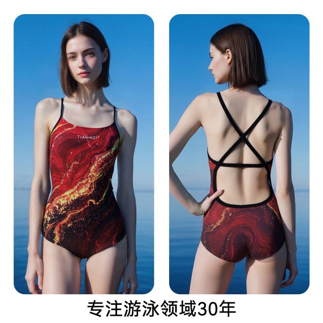 13697561.TNZI天姿专业竞速连体三角泳衣女红色炫彩印花高弹速干抗氯游泳衣