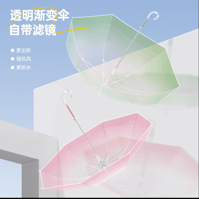 12230302.【自动糖果渐变透明直杆伞】8骨渐变彩色透明直杆伞网红小清新不会生锈的伞