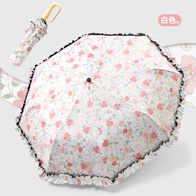 13354452.【三折印花花边环扣遮阳伞】三折手动环扣小碎花花边遮阳伞小清新防晒伞晴雨两用太阳伞