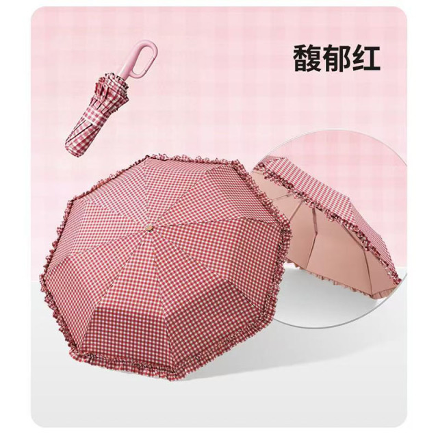 13354384.【环扣格纹少女系】三折手动环扣手柄晴雨两用伞遮阳防晒伞upf50+