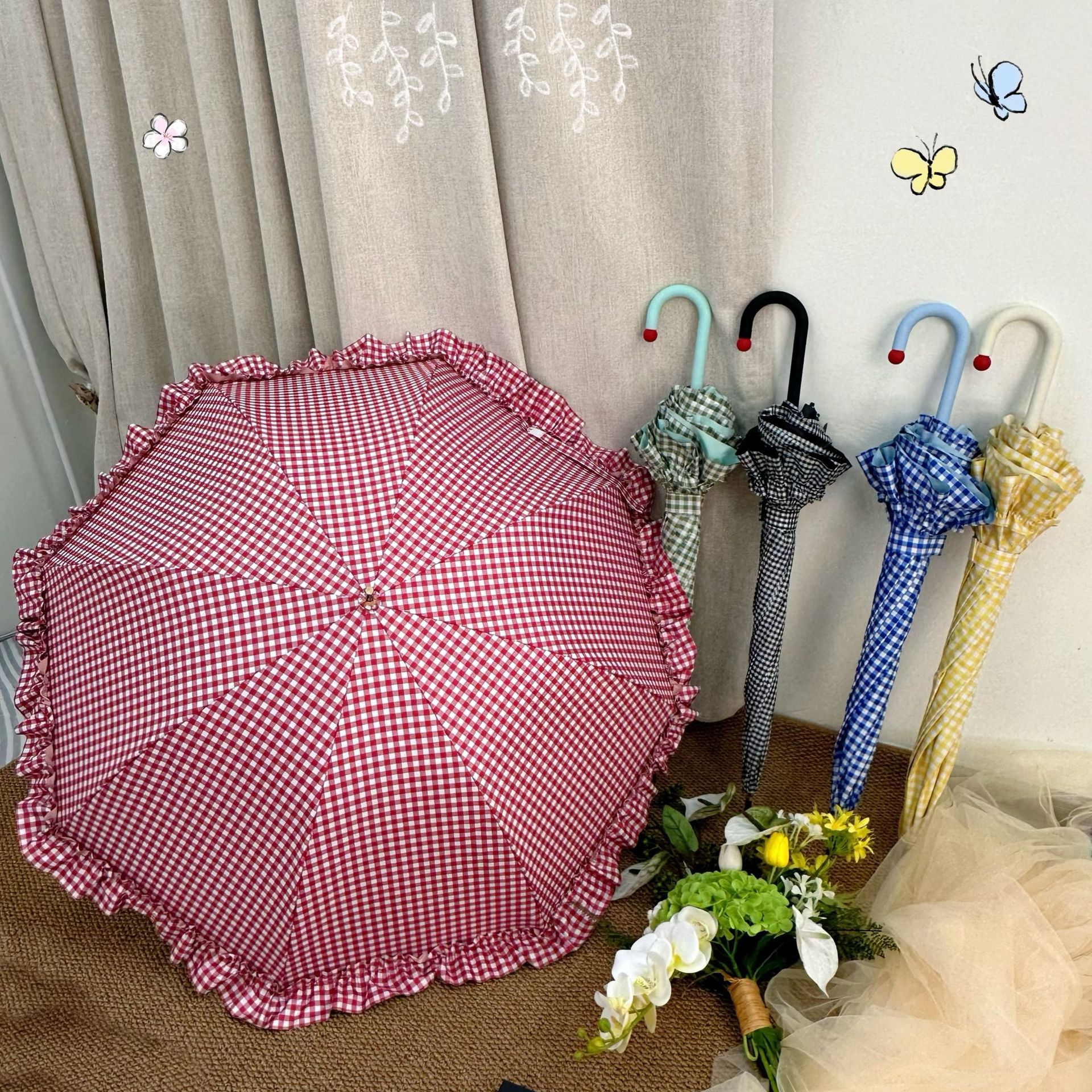 13354638.【日系配色手柄花边格纹自动】女系高颜值洋伞防晒雨伞公主花边长柄伞加厚彩胶太阳伞遮阳伞