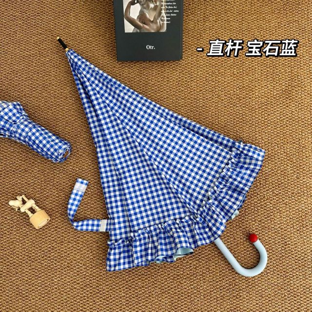 13354638.【日系配色手柄花边格纹自动】女系高颜值洋伞防晒雨伞公主花边长柄伞加厚彩胶太阳伞遮阳伞