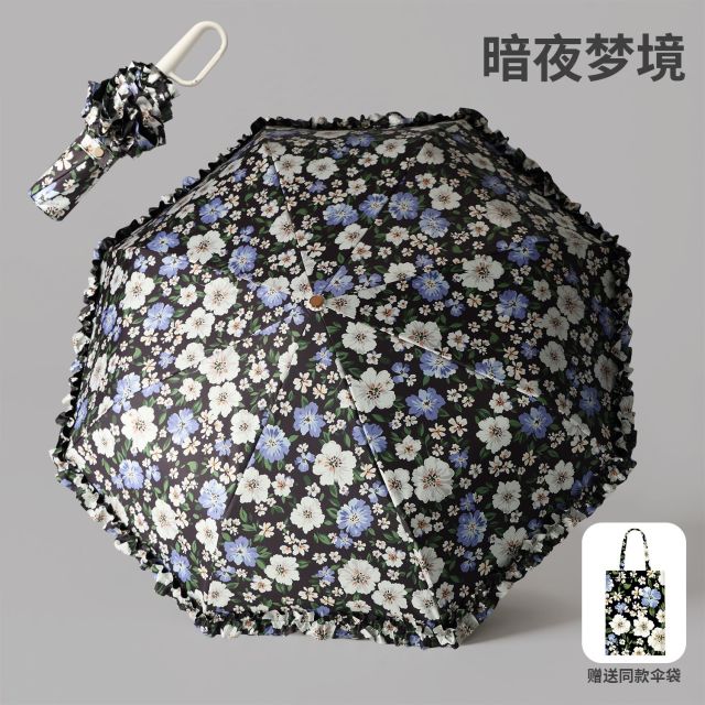13773164.【国风环扣碎花黑胶伞送大伞袋】三折环扣印花手动遮阳伞晴雨两用遮阳防晒伞