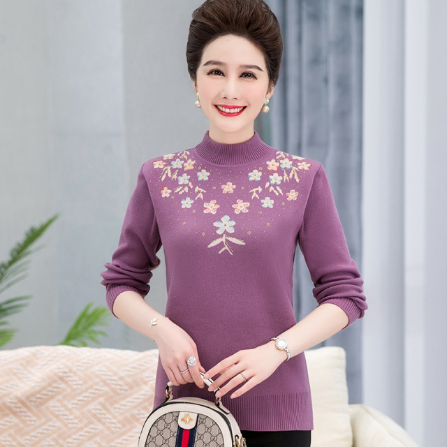10133841.线缃缘妈妈装秋冬圆领针织衫中老年女秋装加绒加厚套头打底衫毛衣