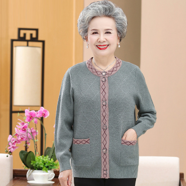 10154520.线缃缘妈妈装针织衫上衣中老年秋冬开衫冬季外套中老年人加绒加厚毛衣