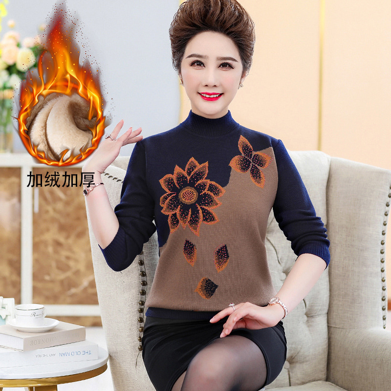 10162416.线缃缘中老年女装妈妈装针织衫中老年女秋冬加绒加厚套头打底衫毛衣