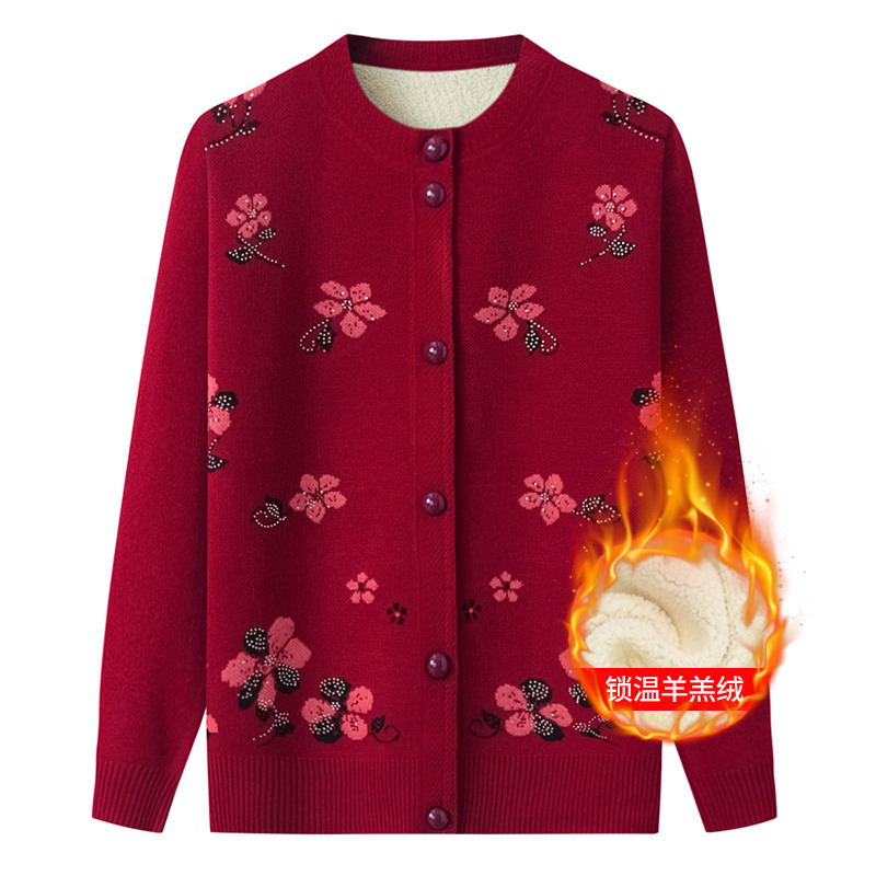 10180618.线缃缘中老年女装开衫加绒针织衫奶奶装秋冬毛衣中年妇女装外套加厚
