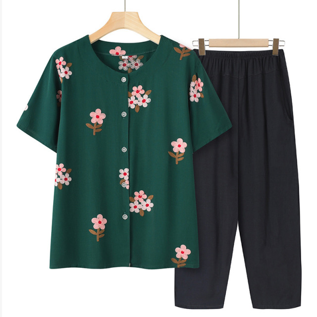 10715182.线缃缘中老年人奶奶衣服两件套妈妈短袖夏装开衫上衣女宽松