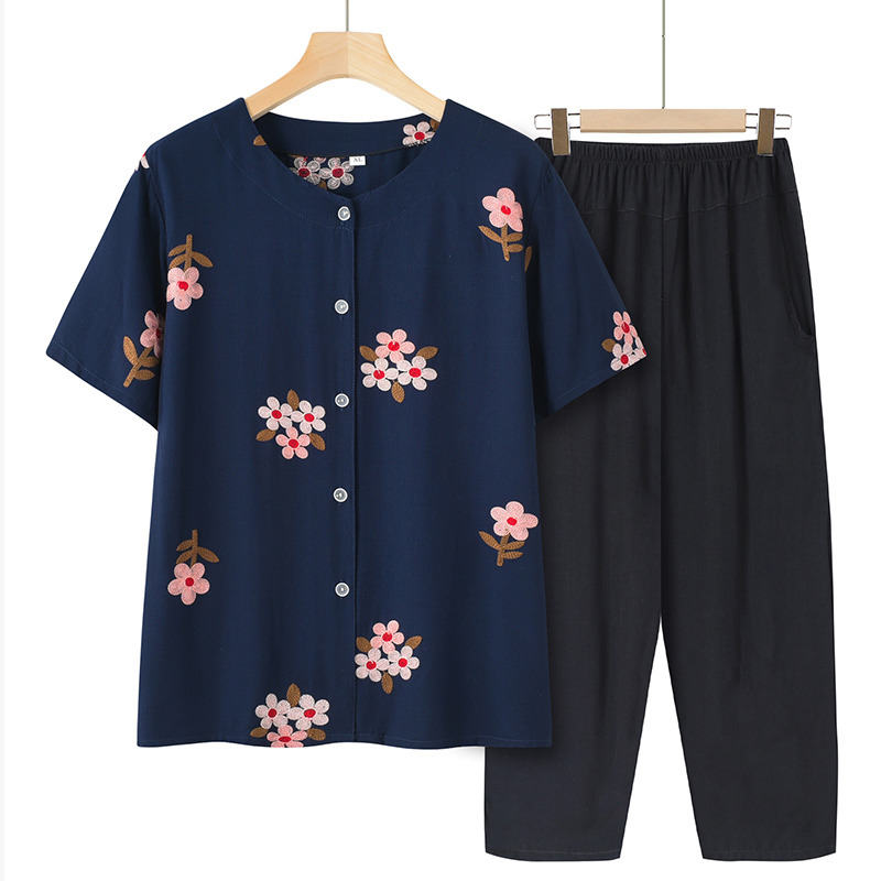 10715353.线缃缘中老年妈妈短袖夏装开衫上衣女宽松中老年人奶奶衣服两件套