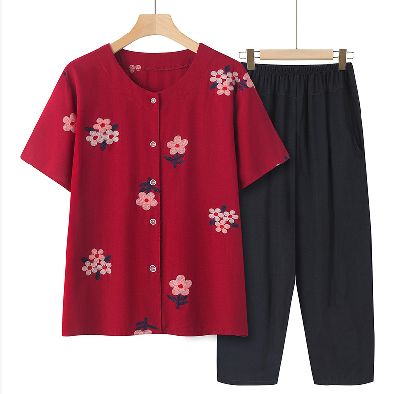 10715182.线缃缘中老年人奶奶衣服两件套妈妈短袖夏装开衫上衣女宽松