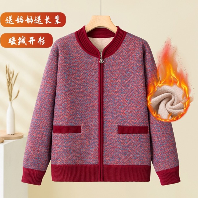 12526902.线缃缘中老年女装冬季大码妈妈抗寒保暖毛衣加绒开衫秋衣上衣宽松