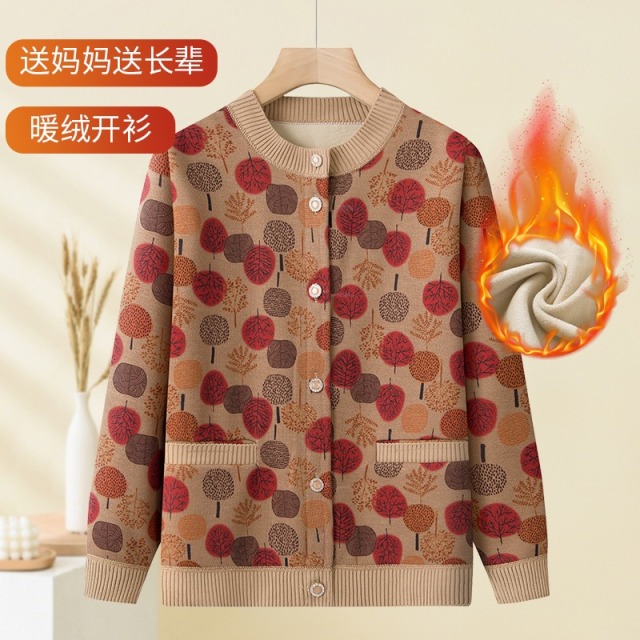 12536270.线缃缘妈妈装老年人加绒毛衣女奶奶装秋冬季针织开衫老太太上衣外套休闲