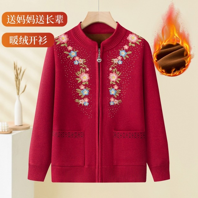 12573578.线缃缘中老年女装秋冬外套妈妈装加绒加厚针织开衫保暖上衣