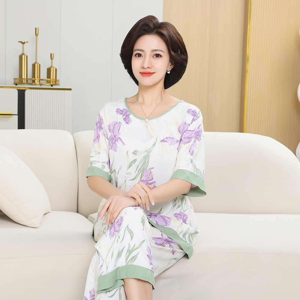 13337516.线缃缘棉绸中年妈妈装时尚薄款舒适透气短袖两件套中年女装套装