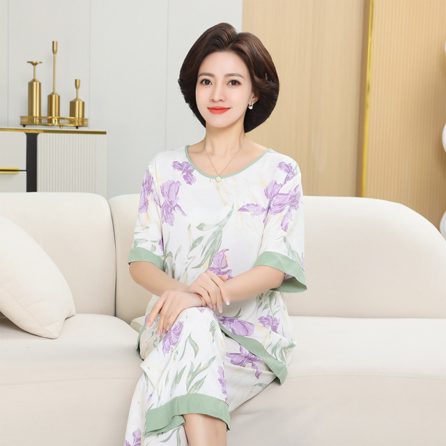 13337516.线缃缘棉绸中年妈妈装时尚薄款舒适透气短袖两件套中年女装套装