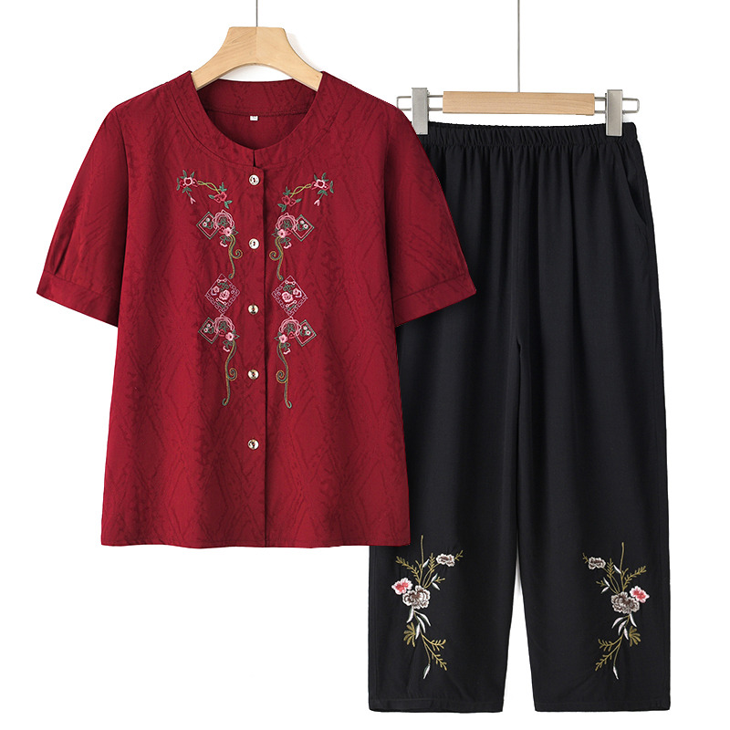13353623.线缃缘中老年女装夏装短袖棉麻套装中老年人女装开衫妈妈衣服
