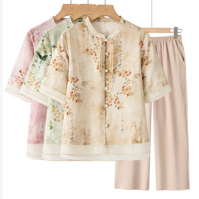 13353879.线缃缘妈妈装中老年女装国风T恤时尚夏季衣服老人套装短袖
