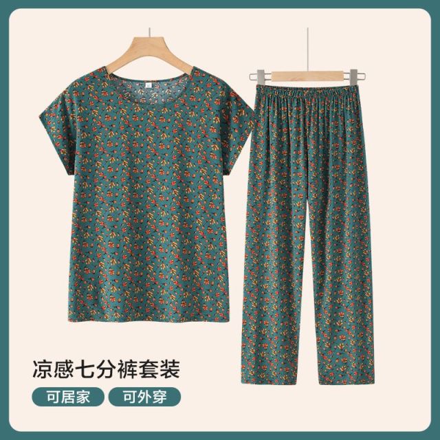 13353702.线缃缘妈妈装夏装套装棉绸休闲女印花薄款T恤宽松妈妈两件套