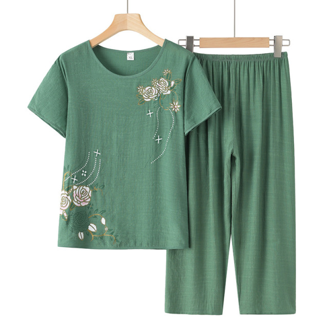 13378811.线缃缘中老年女装妈妈装夏装套装印花老年人女短袖宽松夏天两件套