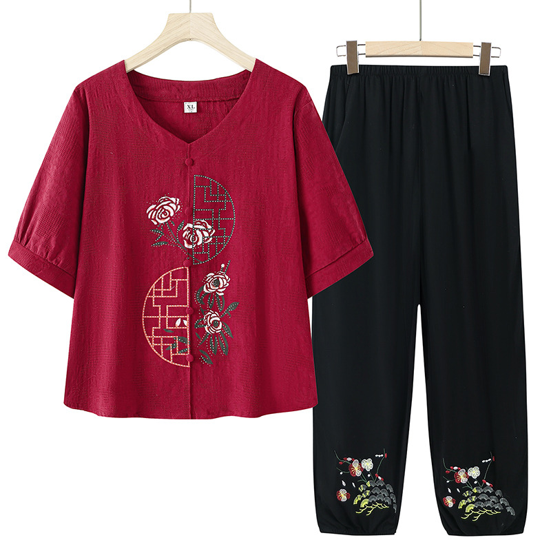 13669135.线缃缘中老年人衬衫女妈妈装夏季老太太衣服奶奶短袖绣花棉套装
