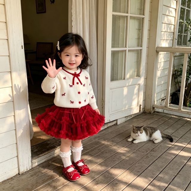 13759145.线缃缘童装长袖上衣女童针织开衫精品时尚秋冬儿童毛衣红色圆领毛衣