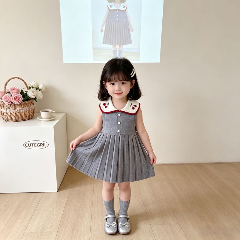 13759144.线缃缘童装无袖针织衫女童连衣裙春秋红色针织毛衣儿童翻领毛衣裙