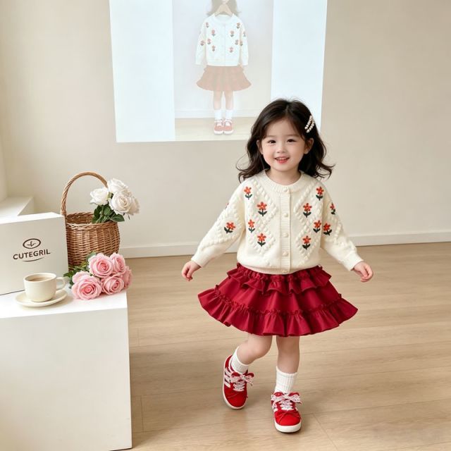 13759122.线缃缘童装女童时尚开衫红色秋冬洋气宝宝针织上衣秋季儿童毛衣