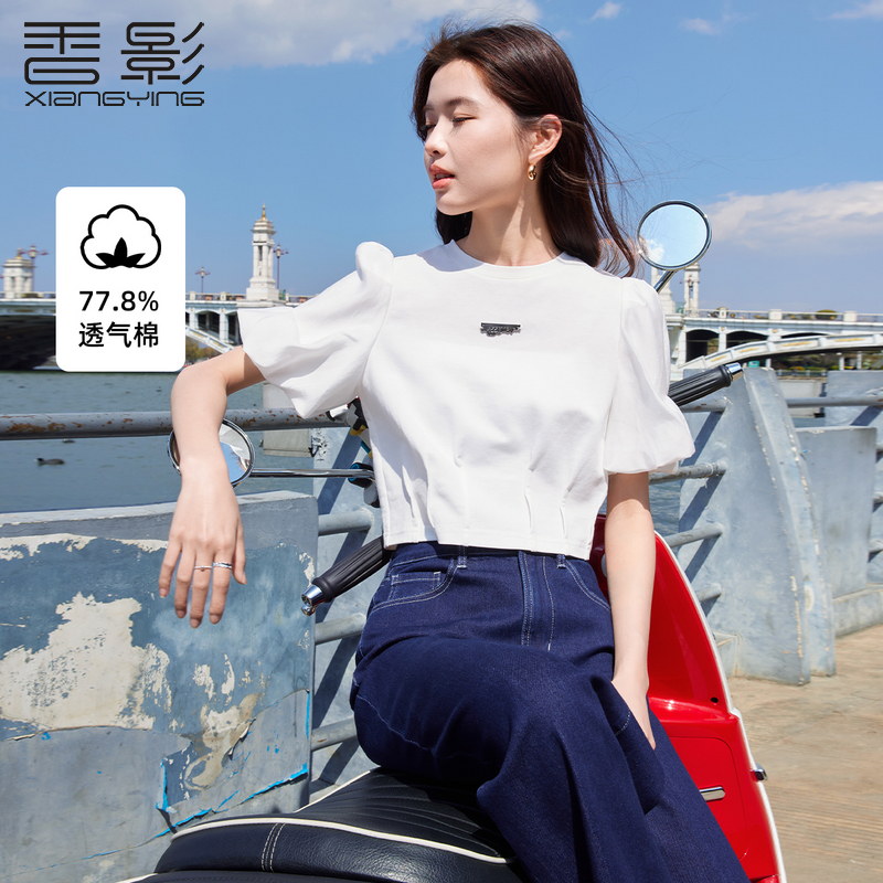 12273091.香影泡泡袖白色t恤女2025夏季新款宽松短袖体恤休闲正肩短款上衣