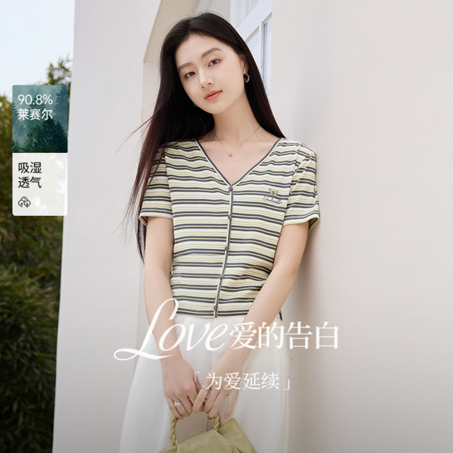 12273214.香影条纹薄款t恤女短袖2025夏装新款莱赛尔天丝航海系正肩v领上衣