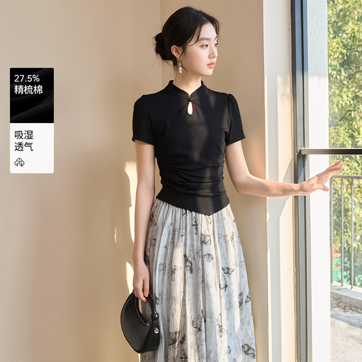 12273152.香影新中式国风立领t恤女短袖2025夏季新款黑色不规则设计感上衣