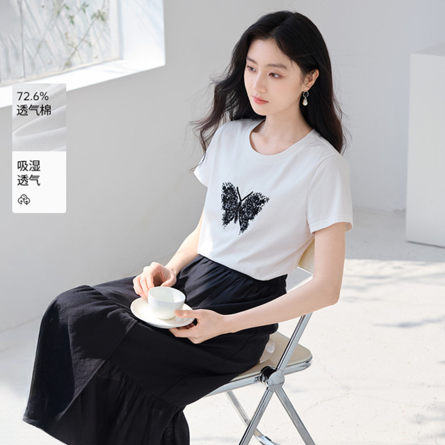 12273218.香影白色圆领t恤女短袖2025夏季新款重工蝴蝶亮片刺绣设计感上衣