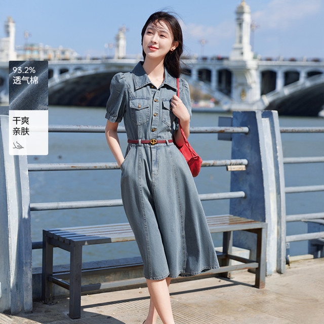12448905.香影牛仔连衣裙女2025夏季新款纯棉法式收腰泡泡袖中长款翻领裙子