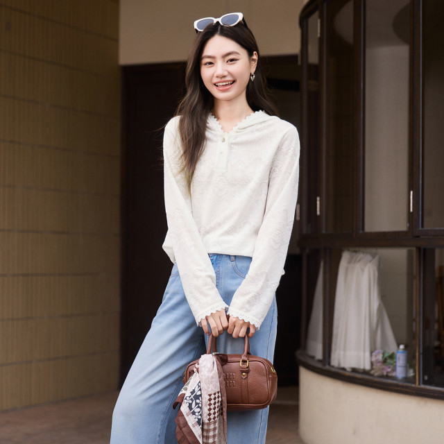 12448833.超好看连帽薄款卫衣女长袖宽松套头提花上衣