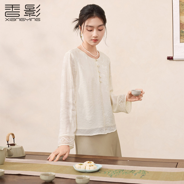 12452269.新中式国风衬衫女绝美提花长袖圆领衬衣上衣